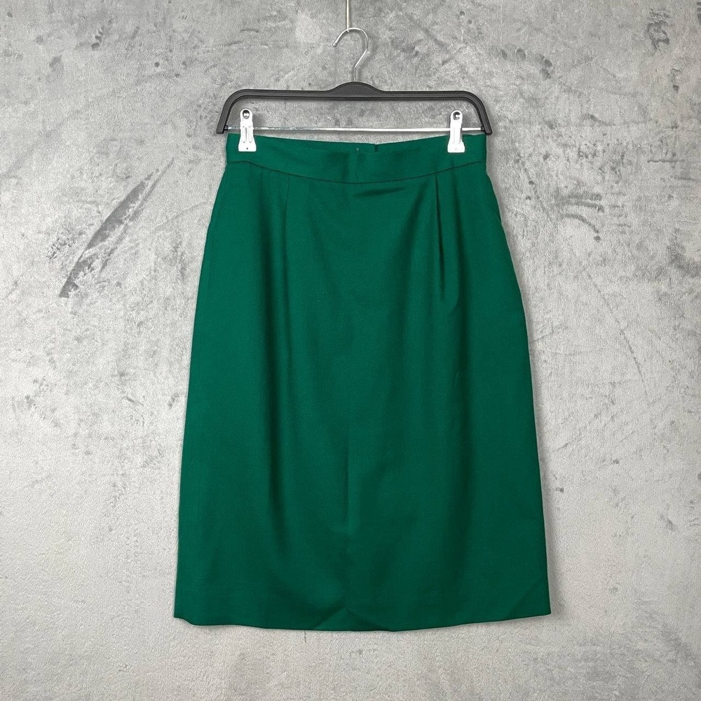 Vintage 90s Preppy Wool Midi Skirt A-Line Pockets Green Small Minimalist Work‎